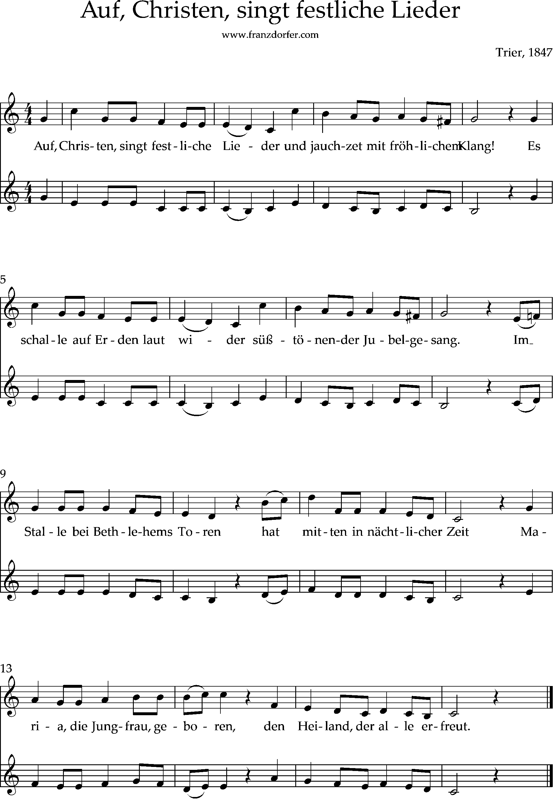 Auf christen singt festliche lieder, duo Noten, C-Dur